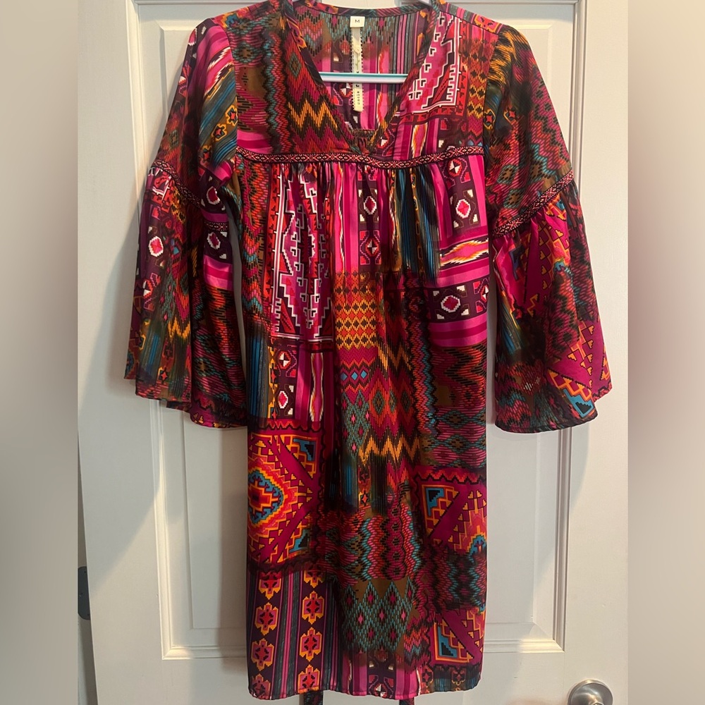 Uncle Frank Multicolor Boho Long Sleeve Dress - Pink, Red, Teal, Yellow - Picture 2 of 7